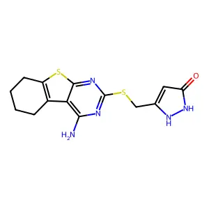 3-(((4-amino-5,6,7,8-tetrahydrobenzo[4,5]thieno[2,3-d]pyrimidin-2-yl)thio)methyl)-1H-pyrazol-5-ol structure