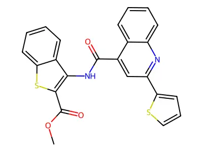 methyl 3-(2-(thiophen-2-yl)quinoline-4-carboxamido)benzo[b]thiophene-2-carboxylate structure