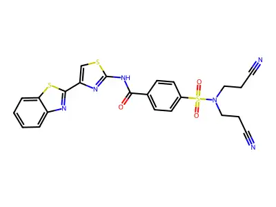 N-[4-(1,3-benzothiazol-2-yl)-1,3-thiazol-2-yl]-4-[bis(2-cyanoethyl)sulfamoyl]benzamide structure
