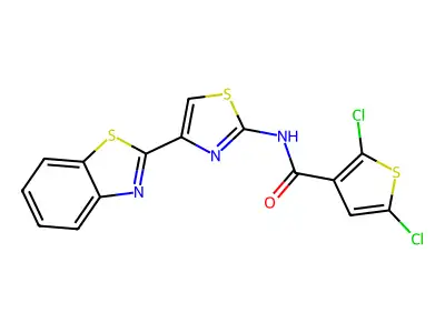 N-[4-(1,3-benzothiazol-2-yl)-1,3-thiazol-2-yl]-2,5-dichlorothiophene-3-carboxamide structure