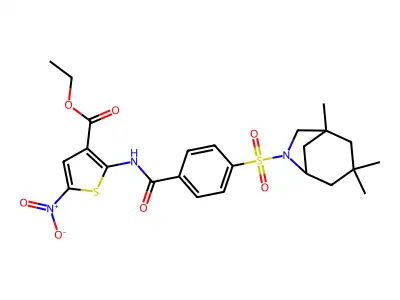 ethyl 5-nitro-2-[4-({1,3,3-trimethyl-6-azabicyclo[3.2.1]octan-6-yl}sulfonyl)benzamido]thiophene-3-carboxylate structure