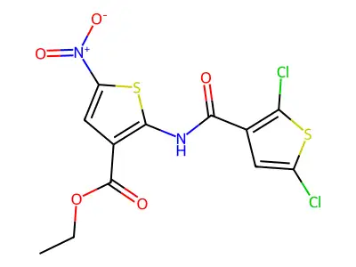 Ethyl 2-(2,5-dichlorothiophene-3-carboxamido)-5-nitrothiophene-3-carboxylate structure