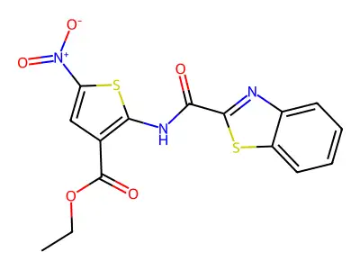 Ethyl 2-(benzo[d]thiazole-2-carboxamido)-5-nitrothiophene-3-carboxylate structure