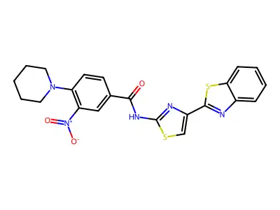 N-(4-(benzo[d]thiazol-2-yl)thiazol-2-yl)-3-nitro-4-(piperidin-1-yl)benzamide structure