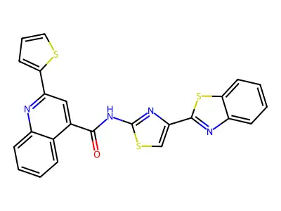 N-[4-(1,3-benzothiazol-2-yl)-1,3-thiazol-2-yl]-2-(thiophen-2-yl)quinoline-4-carboxamide structure