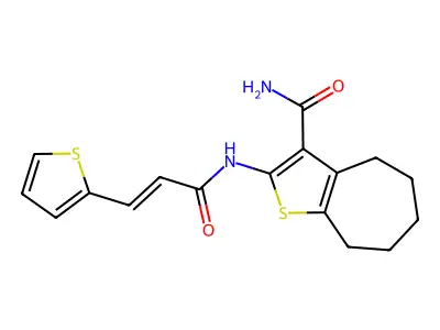 (E)-2-(3-(thiophen-2-yl)acrylamido)-5,6,7,8-tetrahydro-4H-cyclohepta[b]thiophene-3-carboxamide structure
