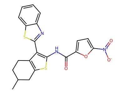 N-[3-(1,3-benzothiazol-2-yl)-6-methyl-4,5,6,7-tetrahydro-1-benzothiophen-2-yl]-5-nitrofuran-2-carboxamide structure
