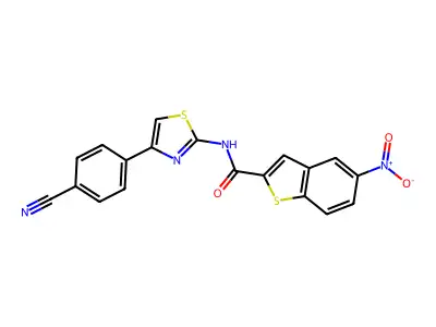 N-[4-(4-cyanophenyl)-1,3-thiazol-2-yl]-5-nitro-1-benzothiophene-2-carboxamide structure