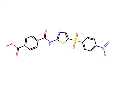 Methyl 4-[[5-(4-nitrophenyl)sulfonyl-1,3-thiazol-2-yl]carbamoyl]benzoate structure