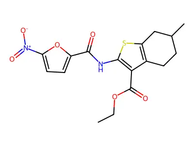 ethyl 6-methyl-2-(5-nitrofuran-2-carboxamido)-4,5,6,7-tetrahydrobenzo[b]thiophene-3-carboxylate structure