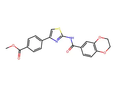 Methyl 4-(2-(2,3-dihydrobenzo[b][1,4]dioxine-6-carboxamido)thiazol-4-yl)benzoate structure