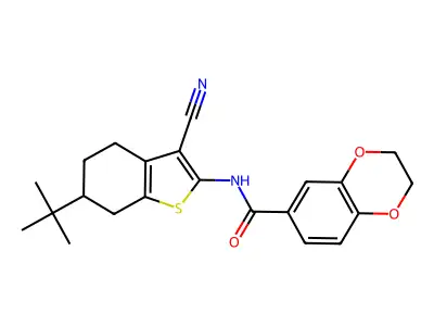 N-(6-tert-butyl-3-cyano-4,5,6,7-tetrahydro-1-benzothiophen-2-yl)-2,3-dihydro-1,4-benzodioxine-6-carboxamide structure