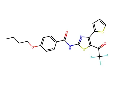 4-butoxy-N-(4-(thiophen-2-yl)-5-(2,2,2-trifluoroacetyl)thiazol-2-yl)benzamide structure