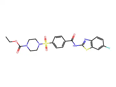 ethyl 4-((4-((6-fluorobenzo[d]thiazol-2-yl)carbamoyl)phenyl)sulfonyl)piperazine-1-carboxylate structure