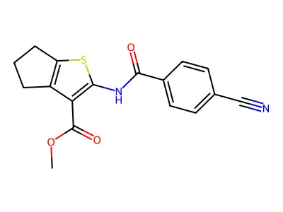 methyl 2-(4-cyanobenzamido)-5,6-dihydro-4H-cyclopenta[b]thiophene-3-carboxylate structure