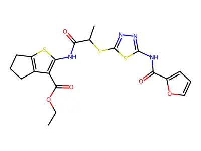 ethyl 2-(2-{[5-(furan-2-amido)-1,3,4-thiadiazol-2-yl]sulfanyl}propanamido)-4H,5H,6H-cyclopenta[b]thiophene-3-carboxylate structure