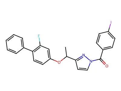 (3-{1-[(2-fluoro[1,1'-biphenyl]-4-yl)oxy]ethyl}-1H-pyrazol-1-yl)(4-iodophenyl)methanone structure