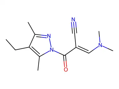 3-(Dimethylamino)-2-(4-ethyl-3,5-dimethylpyrazole-1-carbonyl)prop-2-enenitrile structure