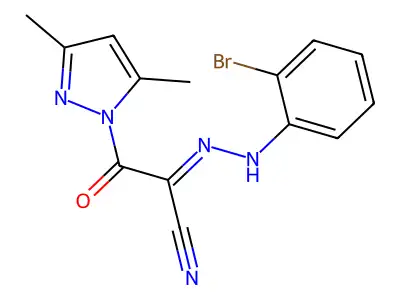 2-[(E)-2-(2-bromophenyl)hydrazono]-3-(3,5-dimethyl-1H-pyrazol-1-yl)-3-oxopropanenitrile structure