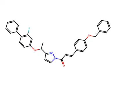 (E)-3-[4-(benzyloxy)phenyl]-1-(3-{1-[(2-fluoro[1,1'-biphenyl]-4-yl)oxy]ethyl}-1H-pyrazol-1-yl)-2-propen-1-one structure