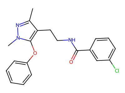 3-chloro-N-[2-(1,3-dimethyl-5-phenoxypyrazol-4-yl)ethyl]benzamide structure
