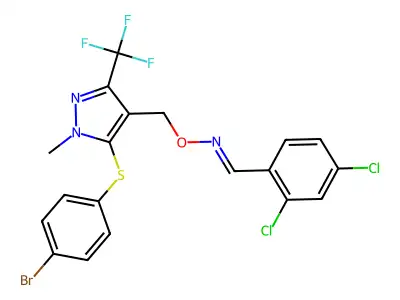 2,4-dichlorobenzenecarbaldehyde O-{[5-[(4-bromophenyl)sulfanyl]-1-methyl-3-(trifluoromethyl)-1H-pyrazol-4-yl]methyl}oxime structure