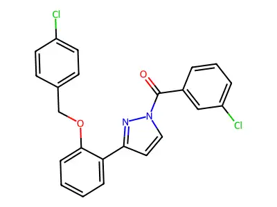 (3-Chlorophenyl)-[3-[2-[(4-chlorophenyl)methoxy]phenyl]pyrazol-1-yl]methanone structure