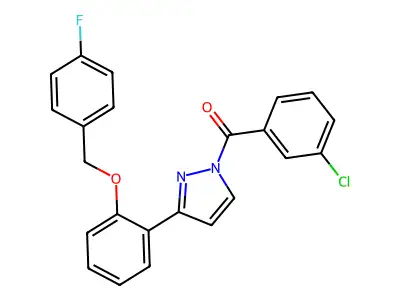 (3-Chlorophenyl)-[3-[2-[(4-fluorophenyl)methoxy]phenyl]pyrazol-1-yl]methanone structure