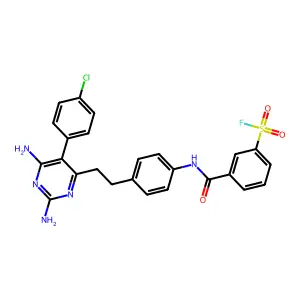3-[[4-[2-[2,6-diamino-5-(4-chlorophenyl)pyrimidin-4-yl]ethyl]phenyl]carbamoyl]benzenesulfonyl fluoride structure