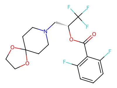 (1R)-1-(1,4-dioxa-8-azaspiro[4.5]dec-8-ylmethyl)-2,2,2-trifluoroethyl 2,6-difluorobenzenecarboxylate structure
