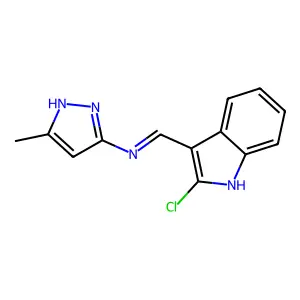 N-[(E)-(2-chloro-1H-indol-3-yl)methylidene]-3-methyl-1H-pyrazol-5-amine structure