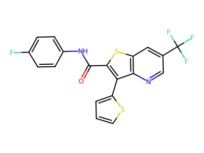N-(4-fluorophenyl)-3-(2-thienyl)-6-(trifluoromethyl)thieno[3,2-b]pyridine-2-carboxamide structure