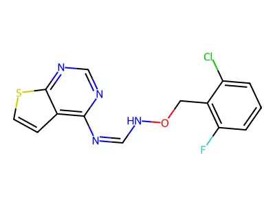 (E)-N'-[(2-chloro-6-fluorophenyl)methoxy]-N-{thieno[2,3-d]pyrimidin-4-yl}methanimidamide structure