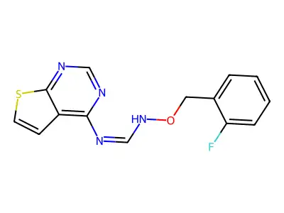 (E)-N'-[(2-fluorophenyl)methoxy]-N-{thieno[2,3-d]pyrimidin-4-yl}methanimidamide structure