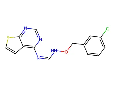 (E)-N'-[(3-chlorophenyl)methoxy]-N-{thieno[2,3-d]pyrimidin-4-yl}methanimidamide structure