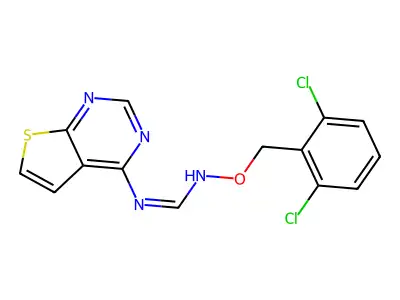 N'-[(2,6-dichlorobenzyl)oxy]-N-thieno[2,3-d]pyrimidin-4-yliminoformamide structure