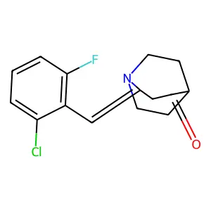 (2E)-2-[(2-chloro-6-fluorophenyl)methylidene]-1-azabicyclo[3.2.2]nonan-4-one structure