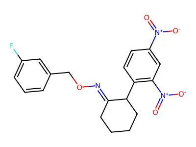 2-(2,4-dinitrophenyl)-N-[(3-fluorophenyl)methoxy]cyclohexan-1-imine structure