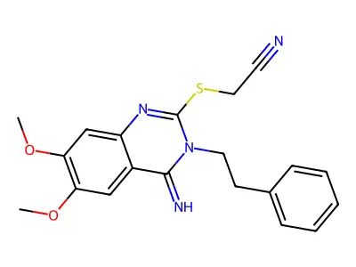 2-[(4-imino-6,7-dimethoxy-3-phenethyl-3,4-dihydro-2-quinazolinyl)sulfanyl]acetonitrile structure