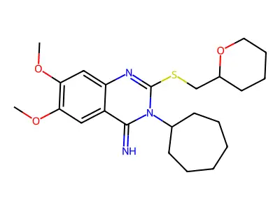 3-Cycloheptyl-6,7-dimethoxy-2-(oxan-2-ylmethylsulfanyl)quinazolin-4-imine structure