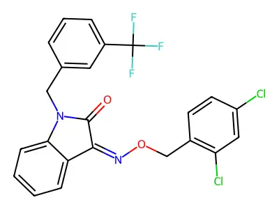 3-[(2,4-dichlorophenyl)methoxyimino]-1-[[3-(trifluoromethyl)phenyl]methyl]indol-2-one structure