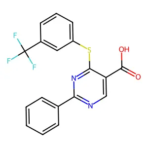 2-Phenyl-4-{[3-(trifluoromethyl)phenyl]sulfanyl}-5-pyrimidinecarboxylic acid structure