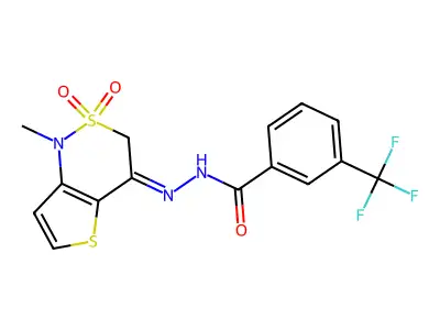 N-[(1-methyl-2,2-dioxothieno[3,2-c]thiazin-4-ylidene)amino]-3-(trifluoromethyl)benzamide structure
