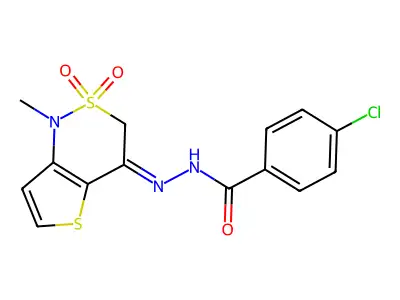 4-chloro-N-[(1-methyl-2,2-dioxothieno[3,2-c]thiazin-4-ylidene)amino]benzamide structure