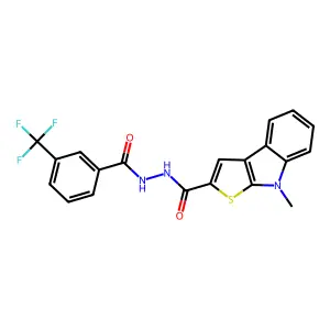 8-methyl-N'-[3-(trifluoromethyl)benzoyl]-8H-thieno[2,3-b]indole-2-carbohydrazide structure
