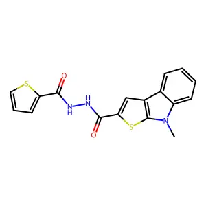 8-methyl-N'-(2-thienylcarbonyl)-8H-thieno[2,3-b]indole-2-carbohydrazide structure