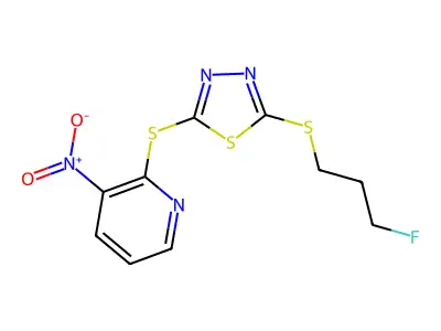 2-({5-[(3-Fluoropropyl)sulfanyl]-1,3,4-thiadiazol-2-yl}sulfanyl)-3-nitropyridine structure