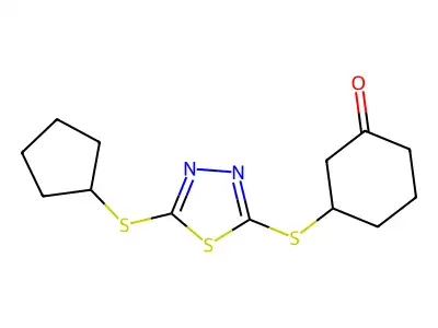 3-{[5-(Cyclopentylsulfanyl)-1,3,4-thiadiazol-2-yl]sulfanyl}cyclohexanone structure