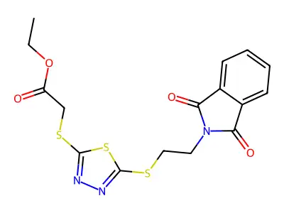 ethyl 2-[(5-{[2-(1,3-dioxo-1,3-dihydro-2H-isoindol-2-yl)ethyl]sulfanyl}-1,3,4-thiadiazol-2-yl)sulfanyl]acetate structure