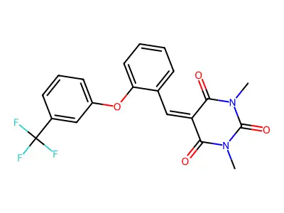 1,3-dimethyl-5-({2-[3-(trifluoromethyl)phenoxy]phenyl}methylidene)-1,3-diazinane-2,4,6-trione structure